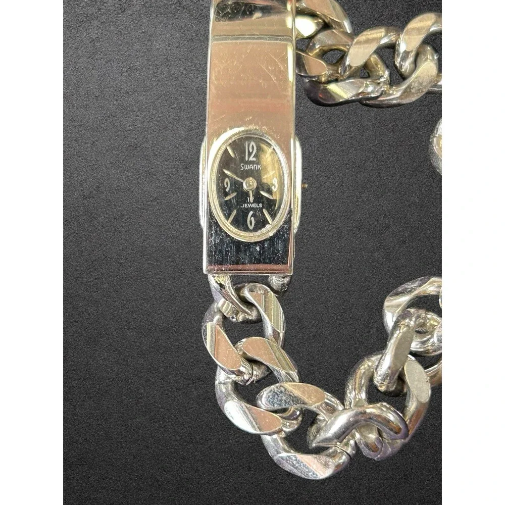 Vintage SWANK JEWELS Stainless Steel Bracelet Watch Black Dial For Parts